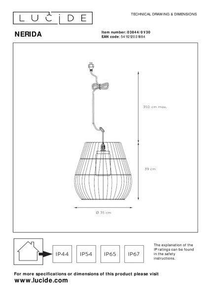 Lucide NERIDA - Pendelleuchten Innen/Außen - Ø 35 cm - 1xE27 - IP44 - Schwarz - TECHNISCH